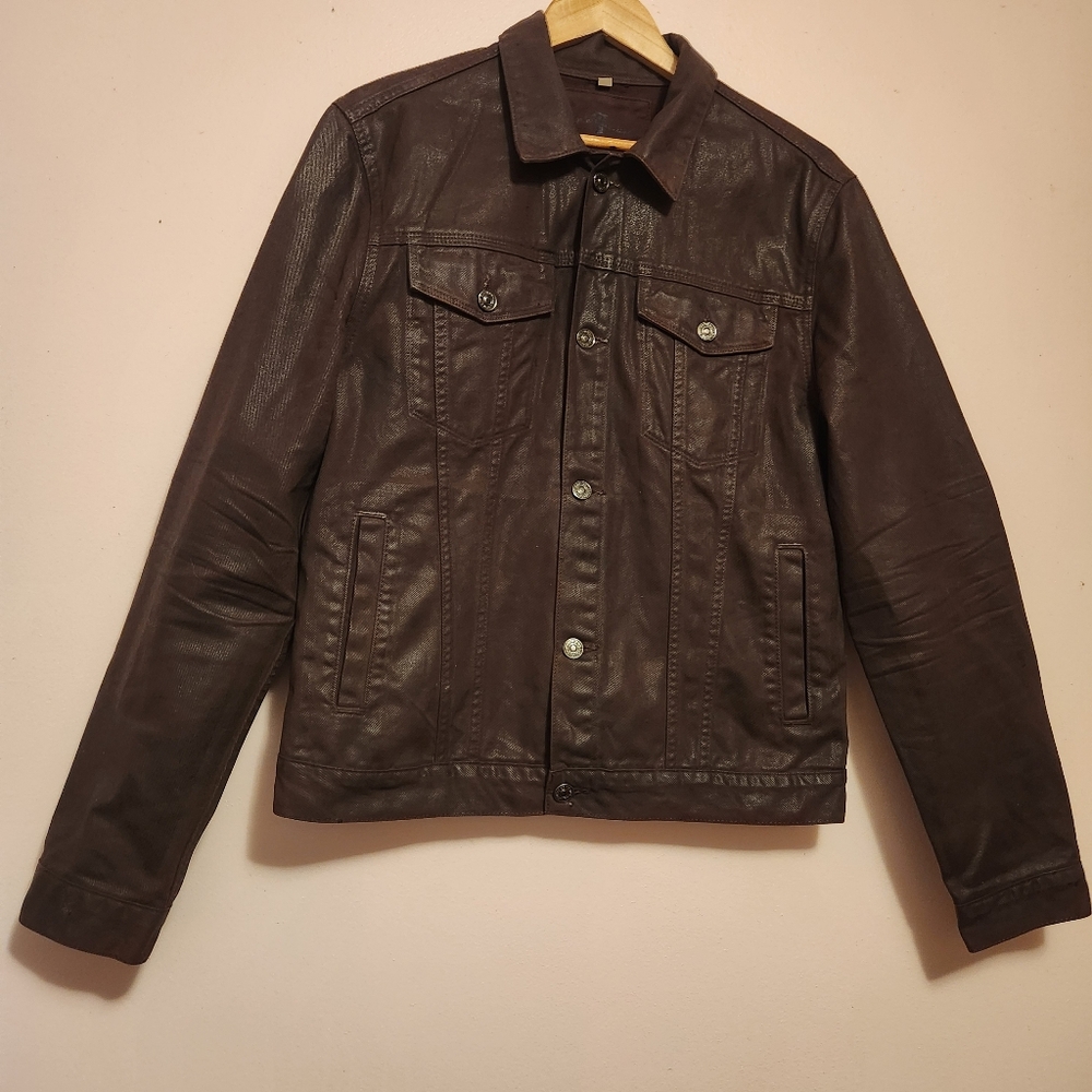 7 For All Mankind Brown Classic Coated Waxed Denim Trucker Jacket Size M NWOT